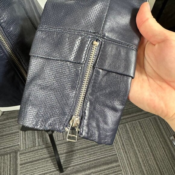 Philippe Adec navy blue 100% leather moto jacket size 4 - Picture 5 of 9